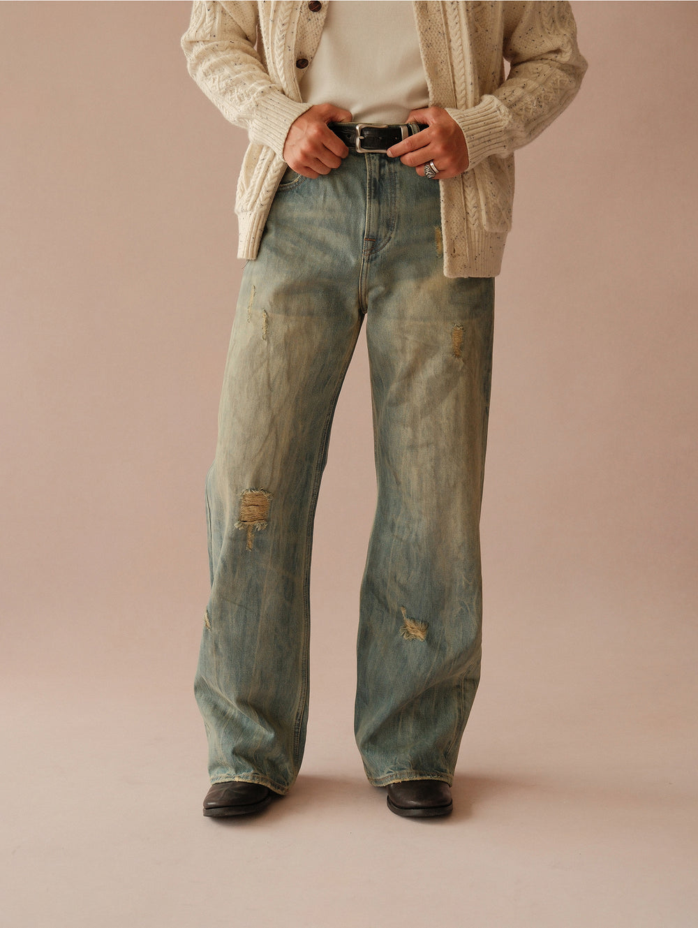 16.5OZ Nevada Faded Mid-High Rise Wide-Leg Jeans