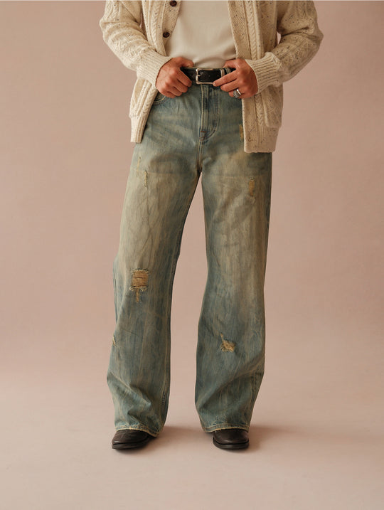 16.5OZ Nevada Faded Mid-High Rise Wide-Leg Jeans