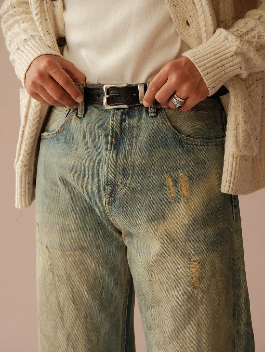 Alligator Bamboo-joint Patterned Embossed Belt-Stainless Steel Buckle-Black