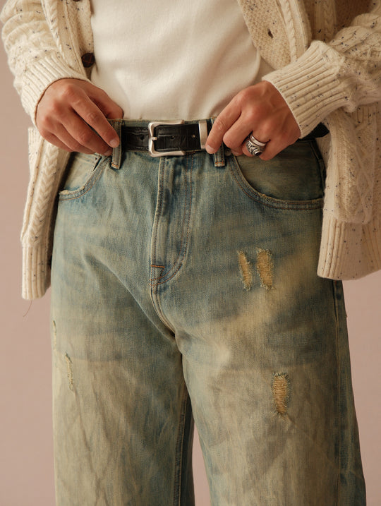 Alligator Bamboo-joint Patterned Embossed Belt-Stainless Steel Buckle-Black