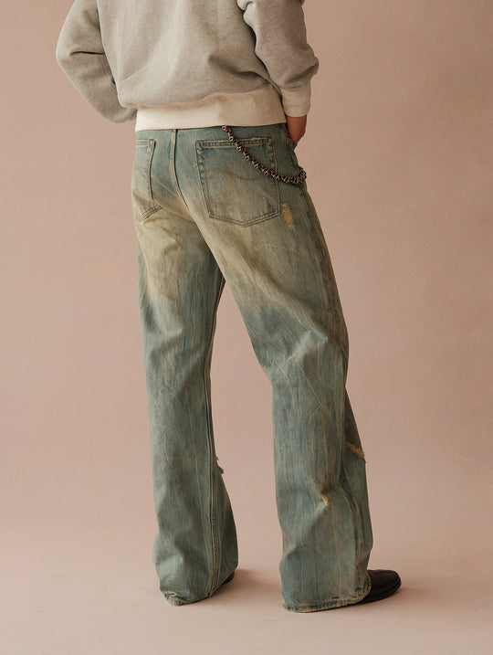 16.5OZ Nevada Faded Mid-High Rise Wide-Leg Jeans