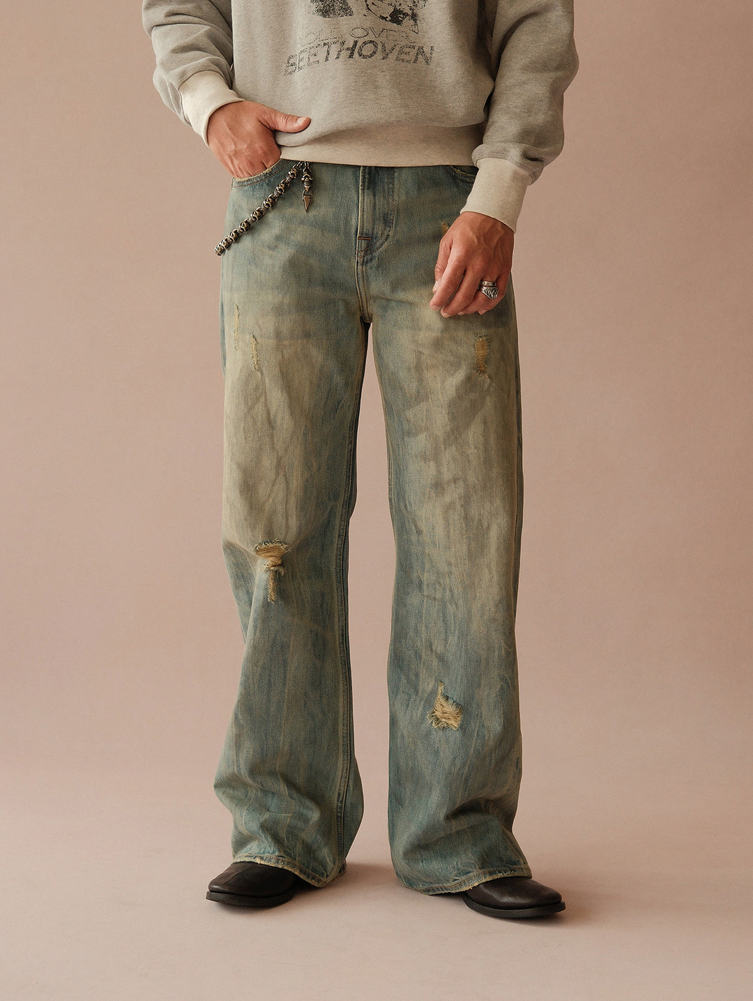 16.5OZ Nevada Faded Mid-High Rise Wide-Leg Jeans