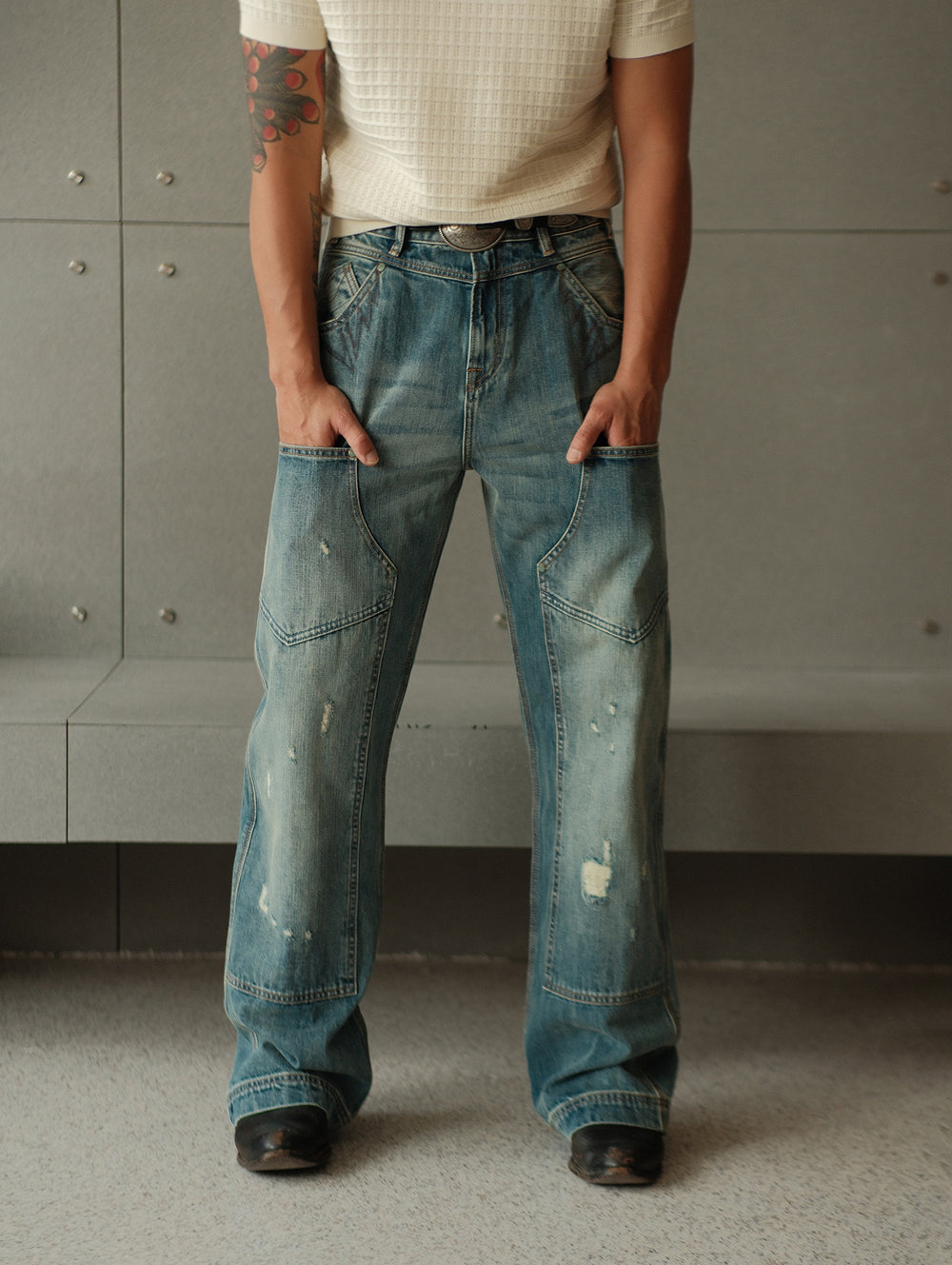 Washed Distressed Western Logger Wide-Leg jeans