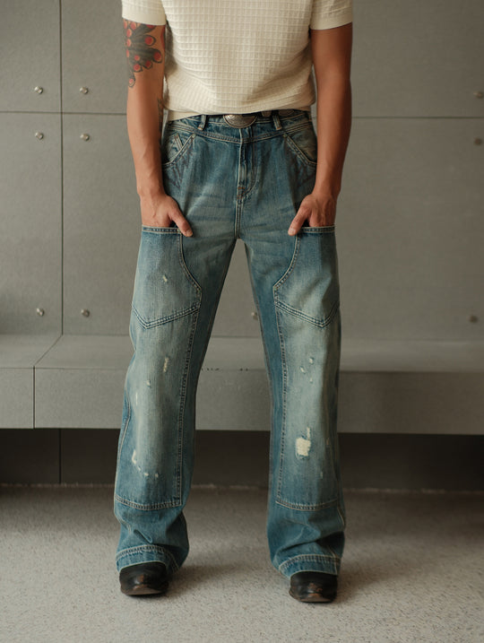 Western Logger Wide-Leg jeans-Washed Distressed