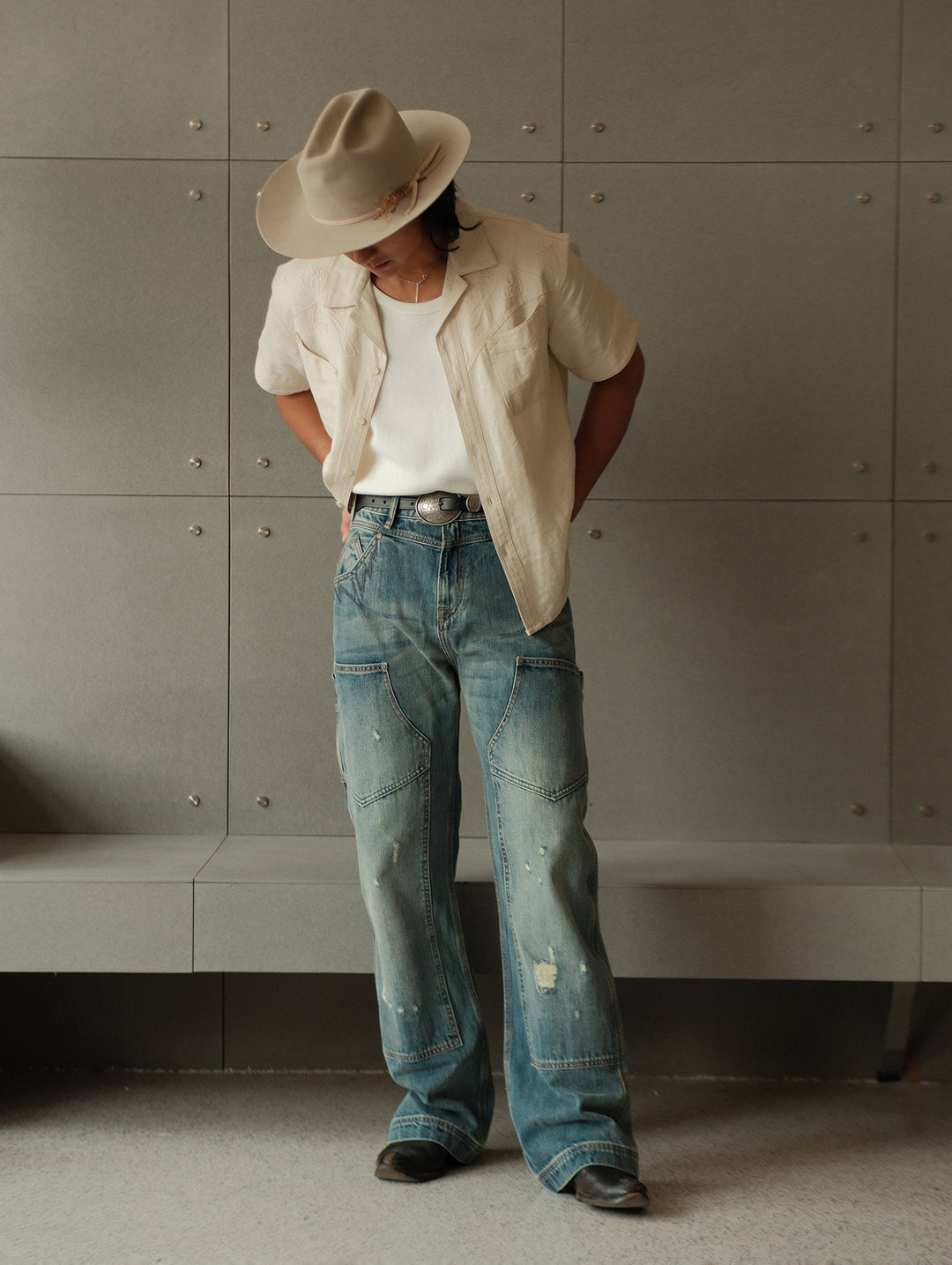 Western Logger Wide-Leg jeans-Washed Distressed