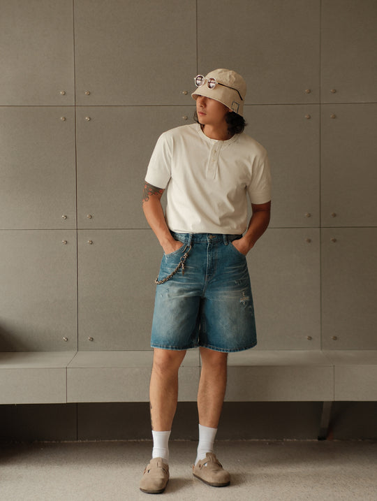 Retro Distressed Denim Shorts-Ice Blue