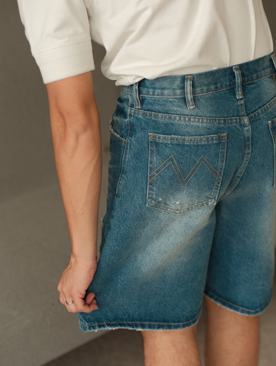 Retro Distressed Denim Shorts-Ice Blue