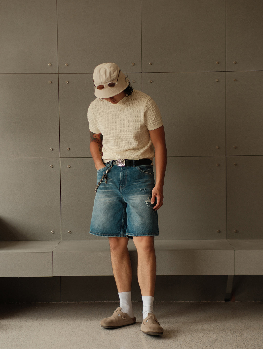 Retro Distressed Denim Shorts-Ice Blue