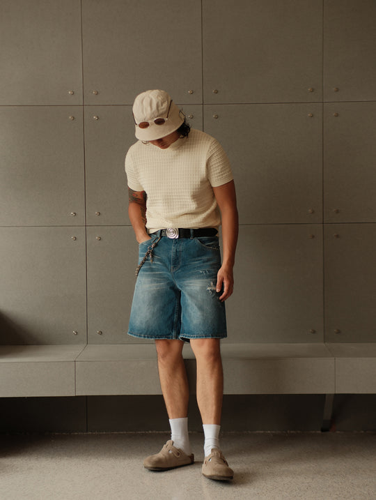 Retro Distressed Denim Shorts-Ice Blue