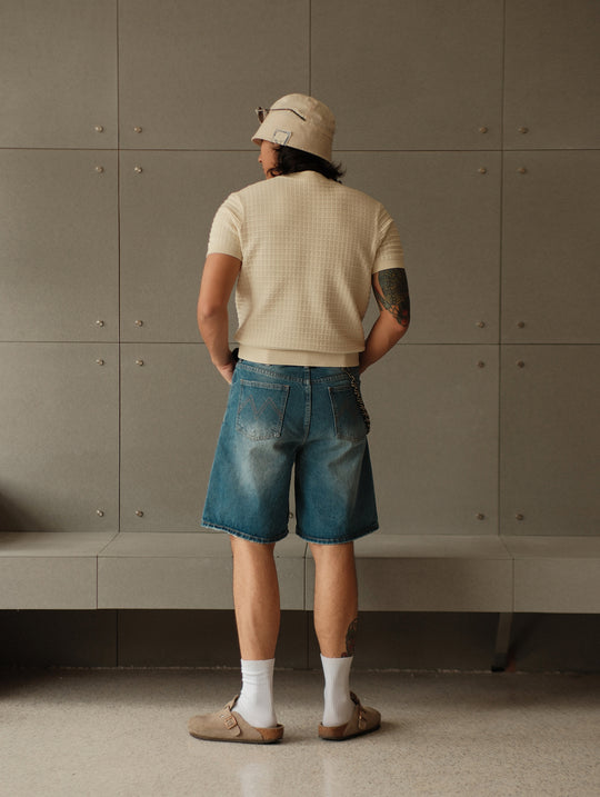 Retro Distressed Denim Shorts-Ice Blue