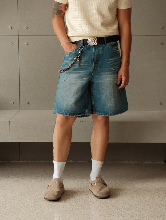 Retro Distressed Denim Shorts-Ice Blue