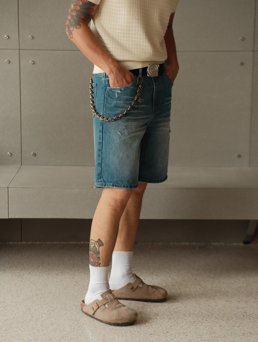 Retro Distressed Denim Shorts-Ice Blue
