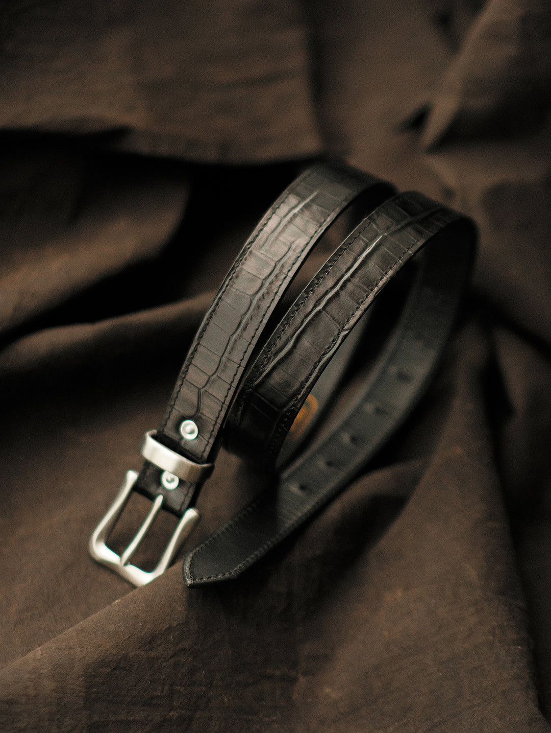 Alligator Bamboo-joint Patterned Embossed Belt-Stainless Steel Buckle-Black