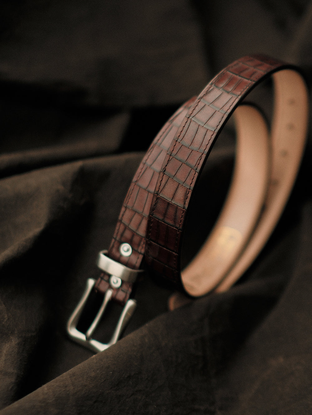 Alligator Bamboo-joint Patterned Embossed Belt-Stainless Steel Buckle-Brown