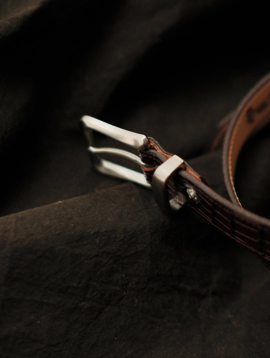 Alligator Bamboo-joint Patterned Embossed Belt-Stainless Steel Buckle-Brown