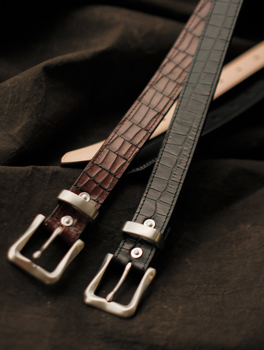 Alligator Bamboo-joint Patterned Embossed Belt-Stainless Steel Buckle-Brown