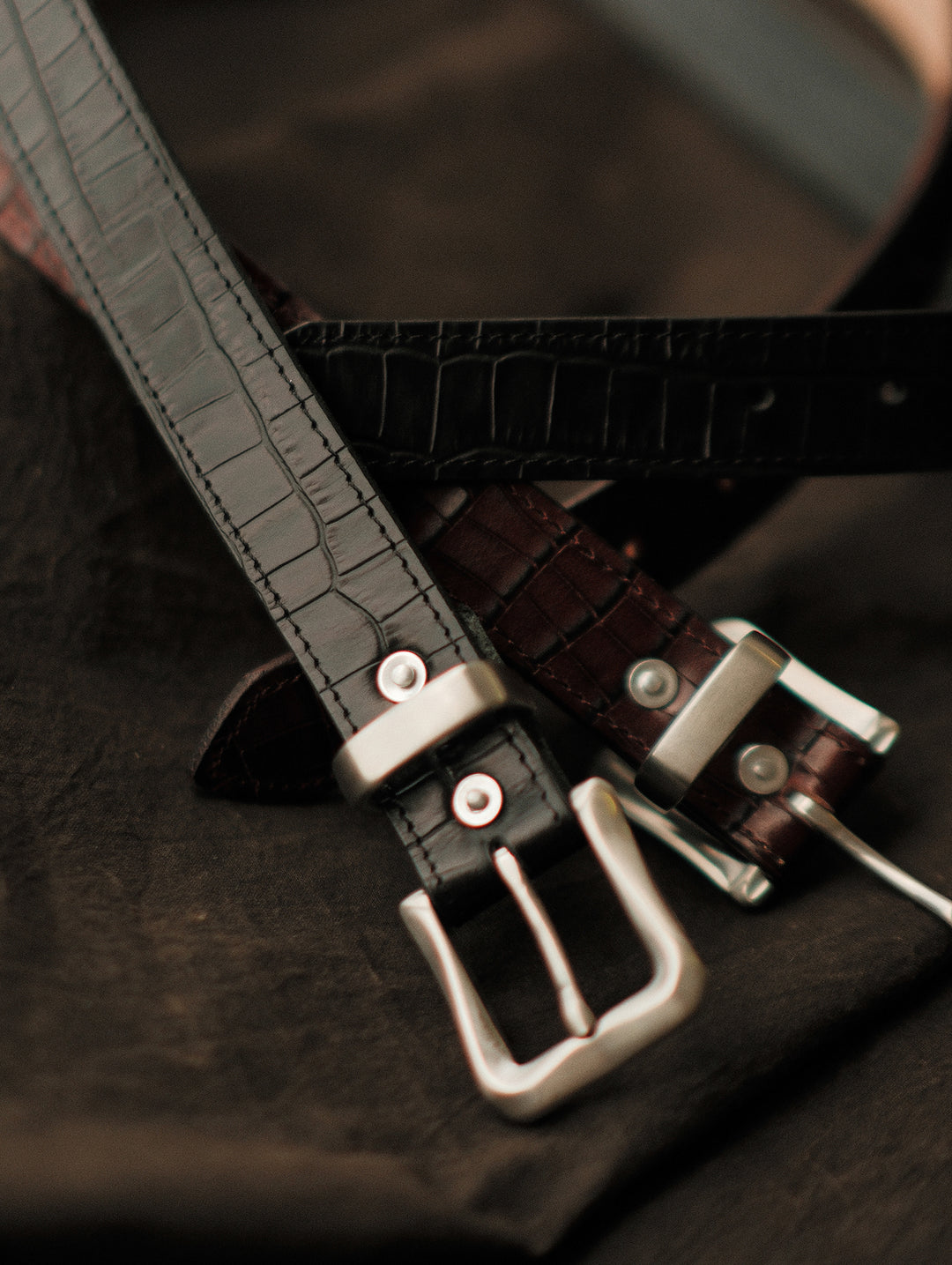 Alligator Bamboo-joint Patterned Embossed Belt-Stainless Steel Buckle-Brown