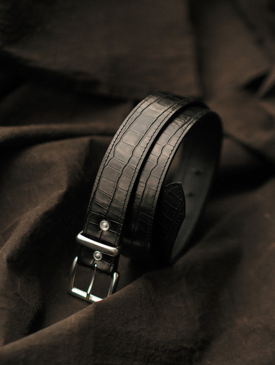 Alligator Bamboo-joint Patterned Embossed Square Buckle Belt-Black