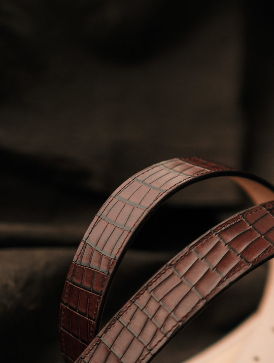 Alligator Bamboo-joint Patterned Embossed Square Buckle Belt-Brown