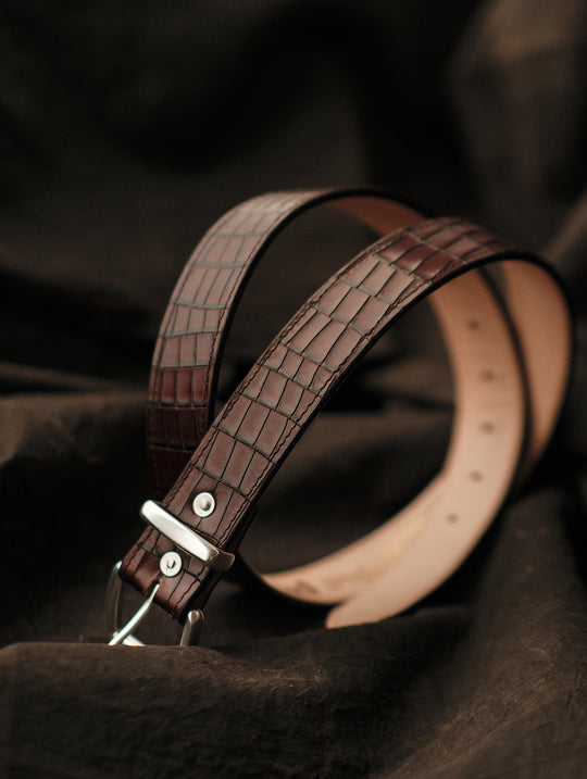 Alligator Bamboo-joint Patterned Embossed Square Buckle Belt-Brown