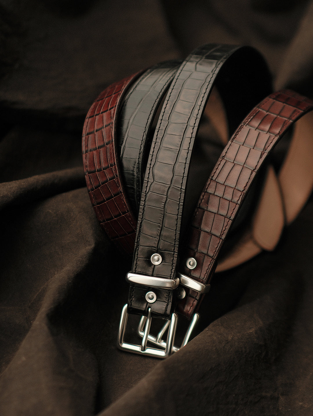 Alligator Bamboo-joint Patterned Embossed Square Buckle Belt-Brown