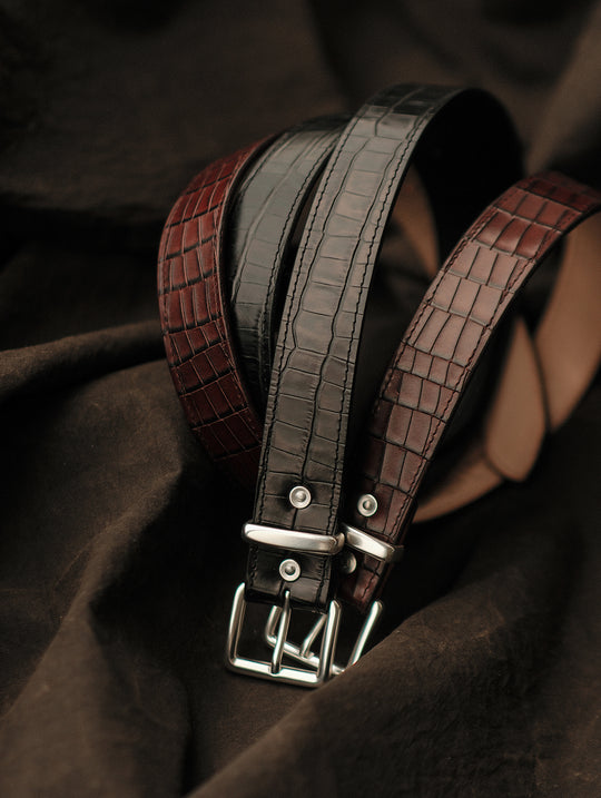 Alligator Bamboo-joint Patterned Embossed Square Buckle Belt-Brown