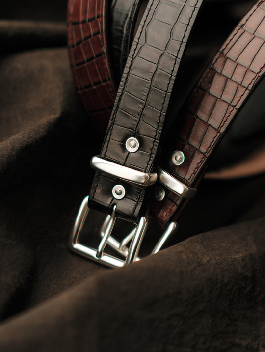 Alligator Bamboo-joint Patterned Embossed Square Buckle Belt-Brown