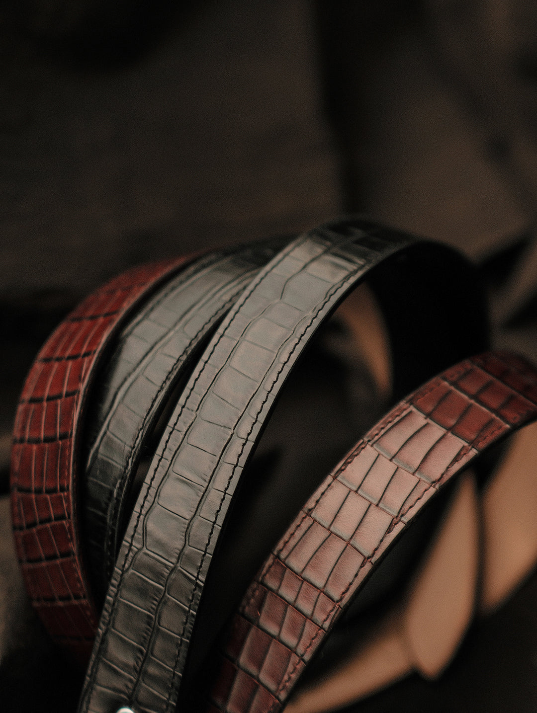 Alligator Bamboo-joint Patterned Embossed Square Buckle Belt-Brown