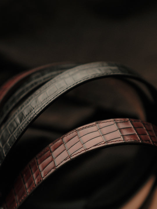 Alligator Bamboo-joint Patterned Embossed Square Buckle Belt-Brown