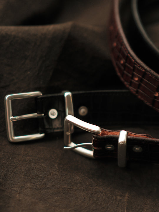 Alligator Bamboo-joint Patterned Embossed Square Buckle Belt-Brown