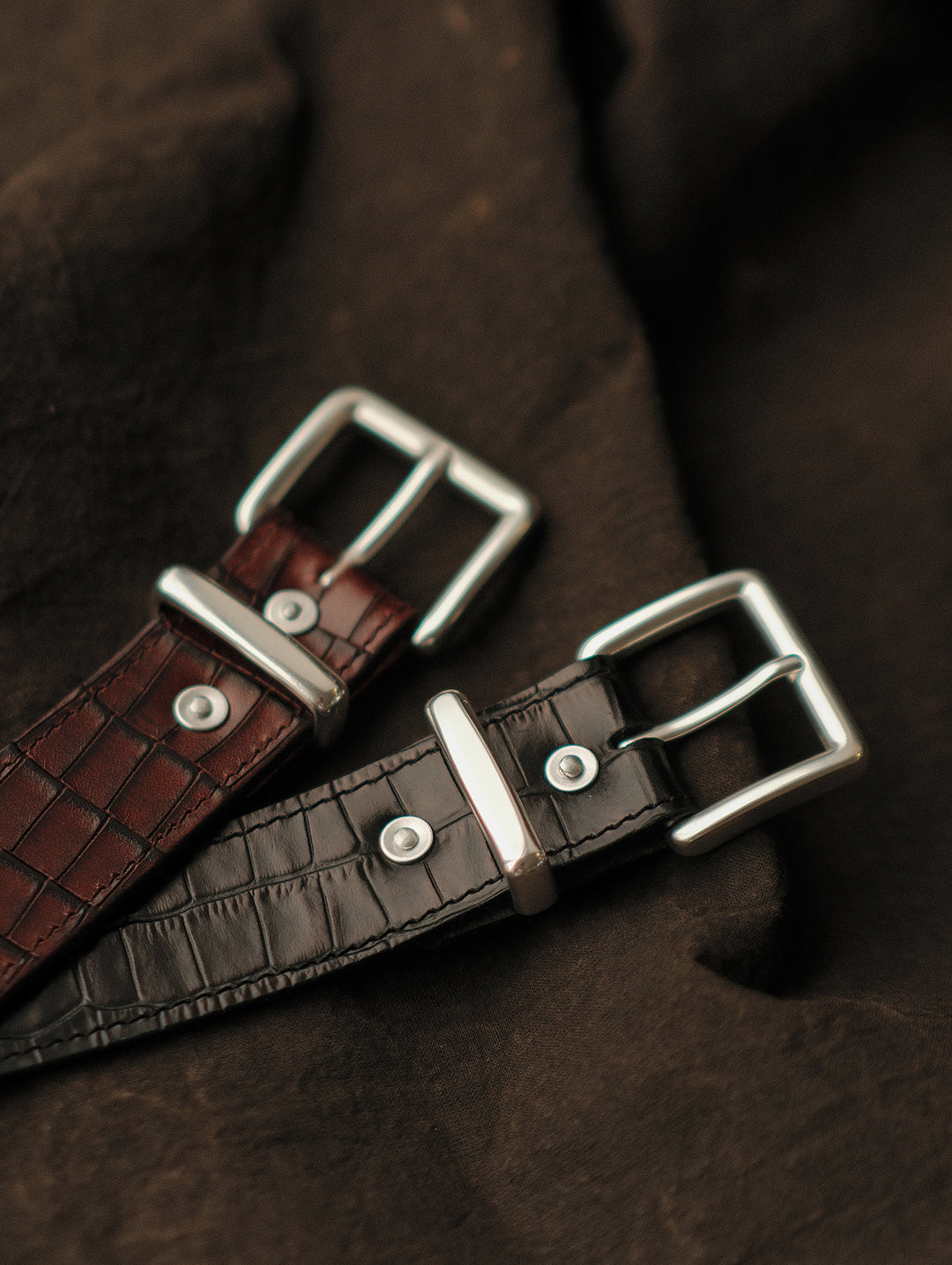 Alligator Bamboo-joint Patterned Embossed Square Buckle Belt-Brown
