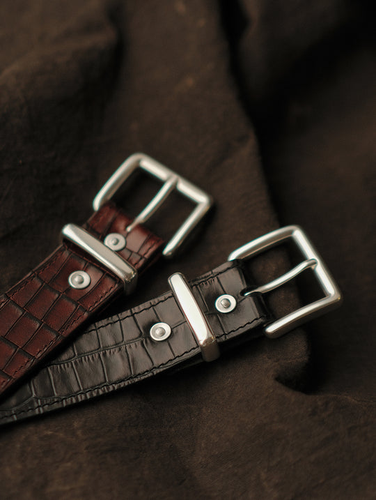 Alligator Bamboo-joint Patterned Embossed Square Buckle Belt-Brown