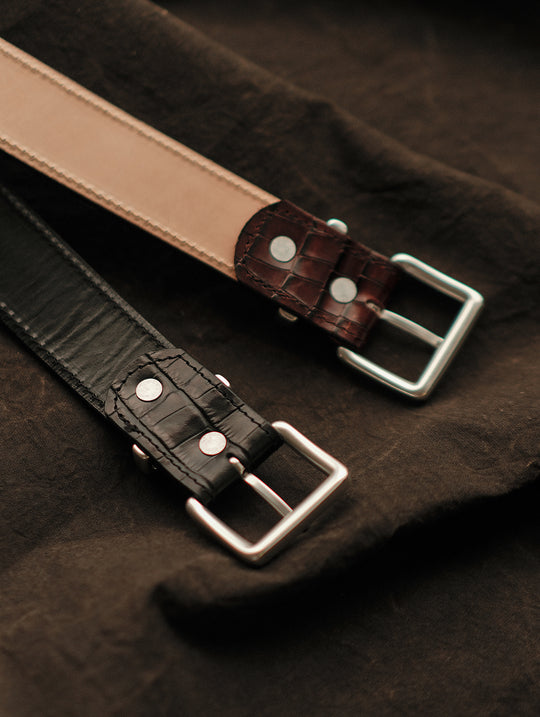 Alligator Bamboo-joint Patterned Embossed Square Buckle Belt-Brown