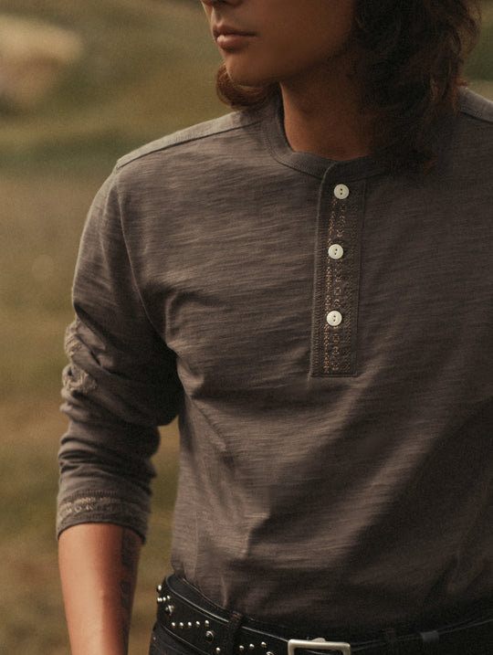 Western Series Embroidered Henley shirt-White