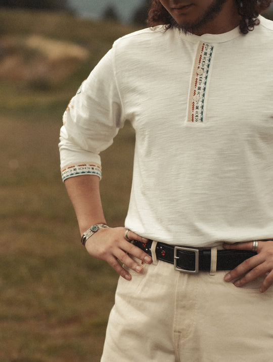 Western Series Embroidered Henley shirt-White