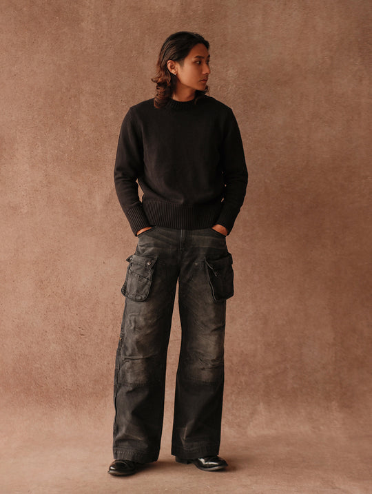 Ivy-Style Crewneck Sport Sweater-Black