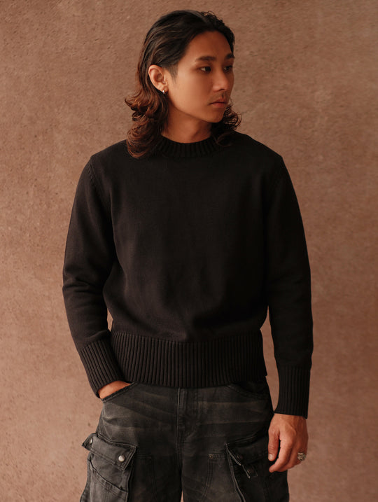 Ivy-Style Crewneck Sport Sweater-Black