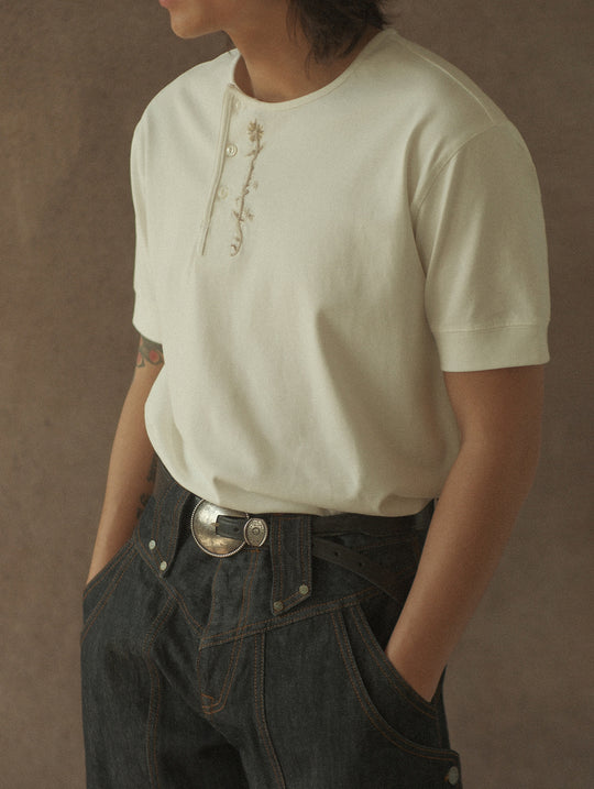 Western Series Floral Embroidered Henley T-shirt-White