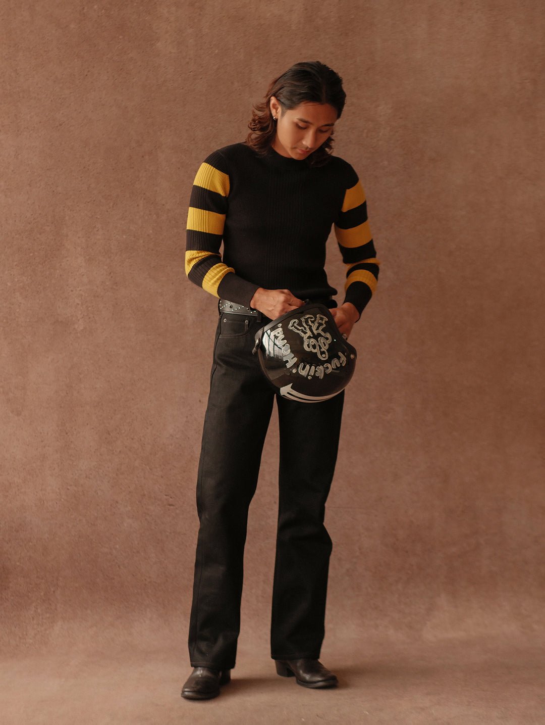 Motorcycle-Style Striped Sport Sweater