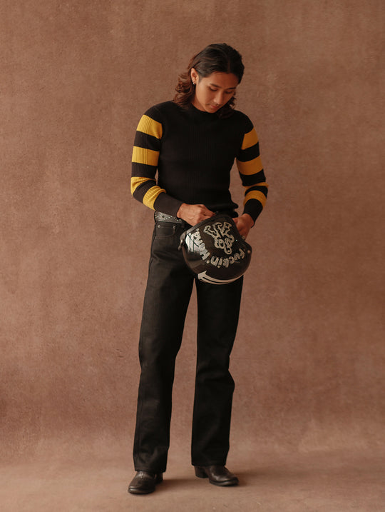 Motorcycle-Style Striped Sport Sweater