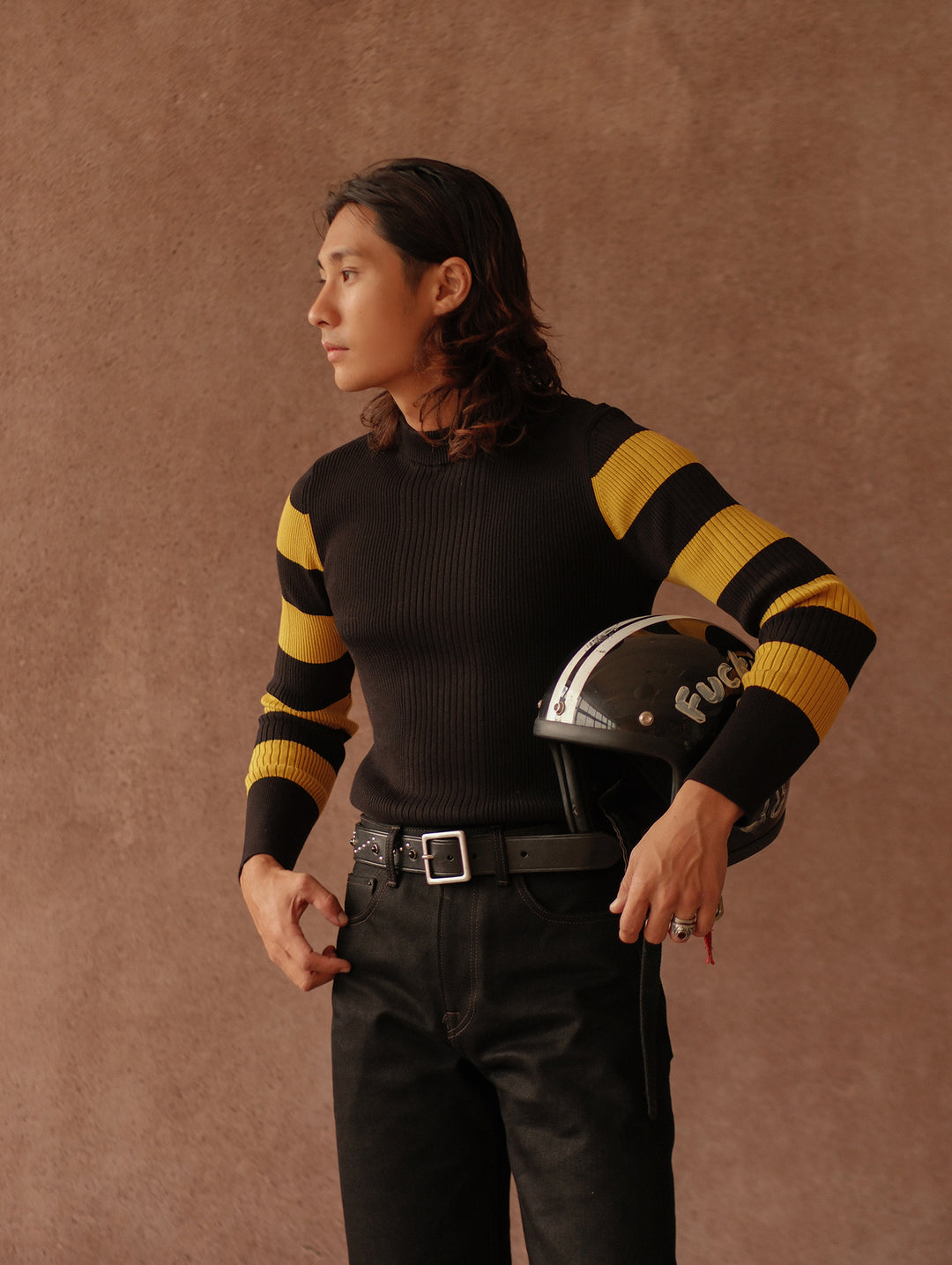 Motorcycle-Style Striped Sport Sweater
