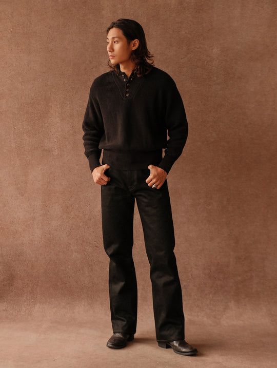 Five-Button Bib-Front Knit Sweater-Black