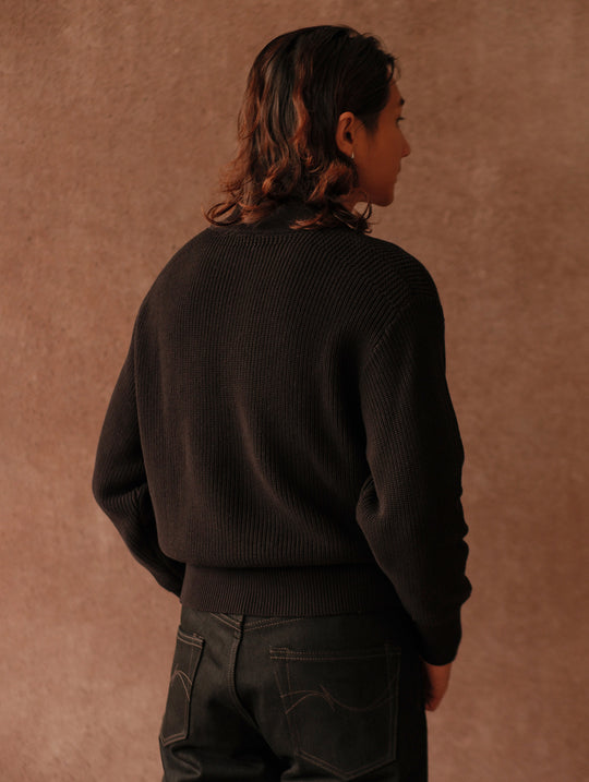 Five-Button Bib-Front Knit Sweater-Black