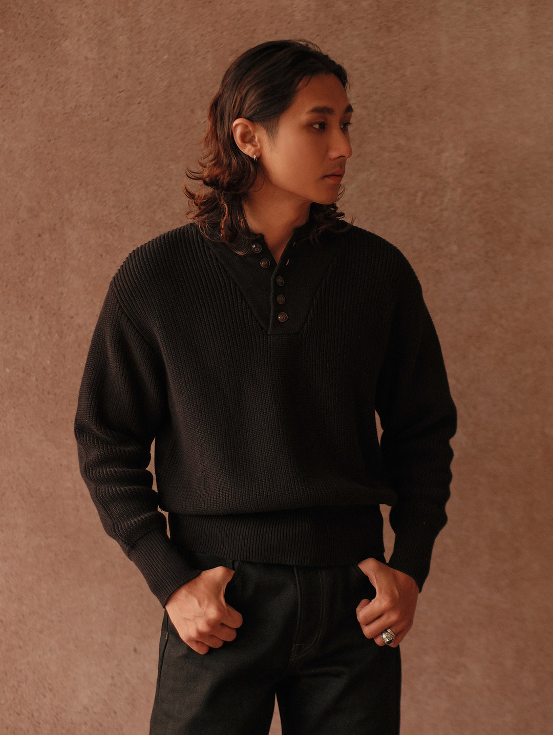 Five-Button Bib-Front Knit Sweater-Black