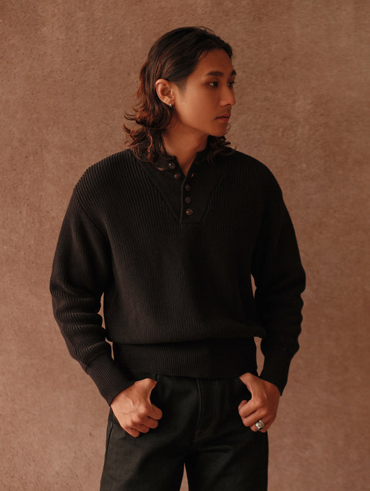 Five-Button Bib-Front Knit Sweater-Black