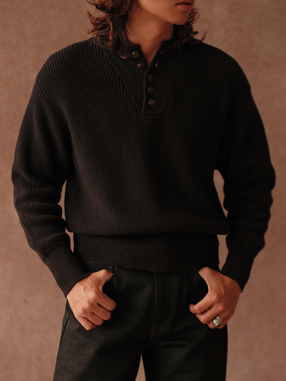 Five-Button Bib-Front Knit Sweater-Black
