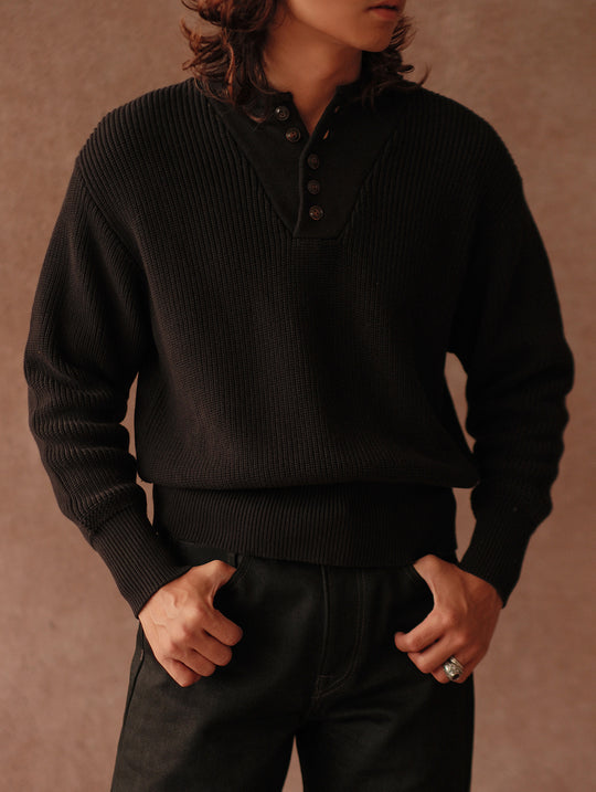 Five-Button Bib-Front Knit Sweater-Black
