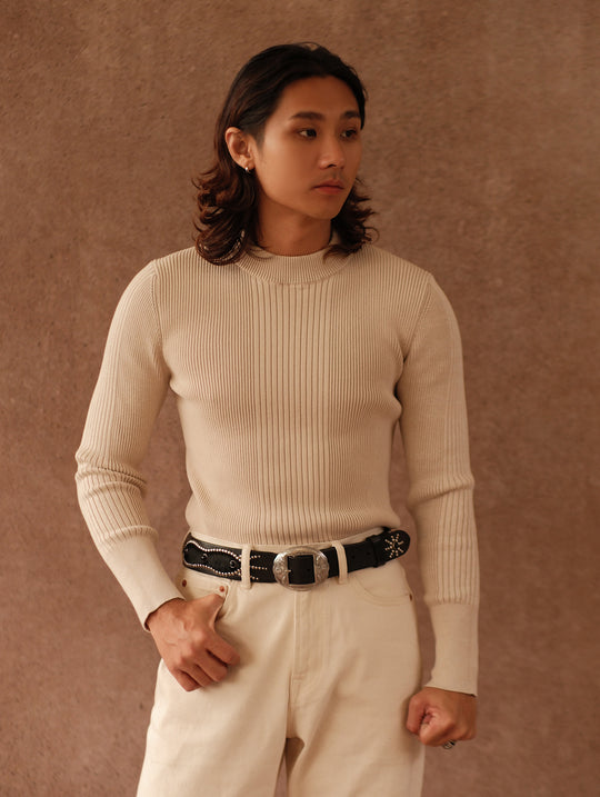 Slim-Fit Ribbed Sport Sweater-Apricot