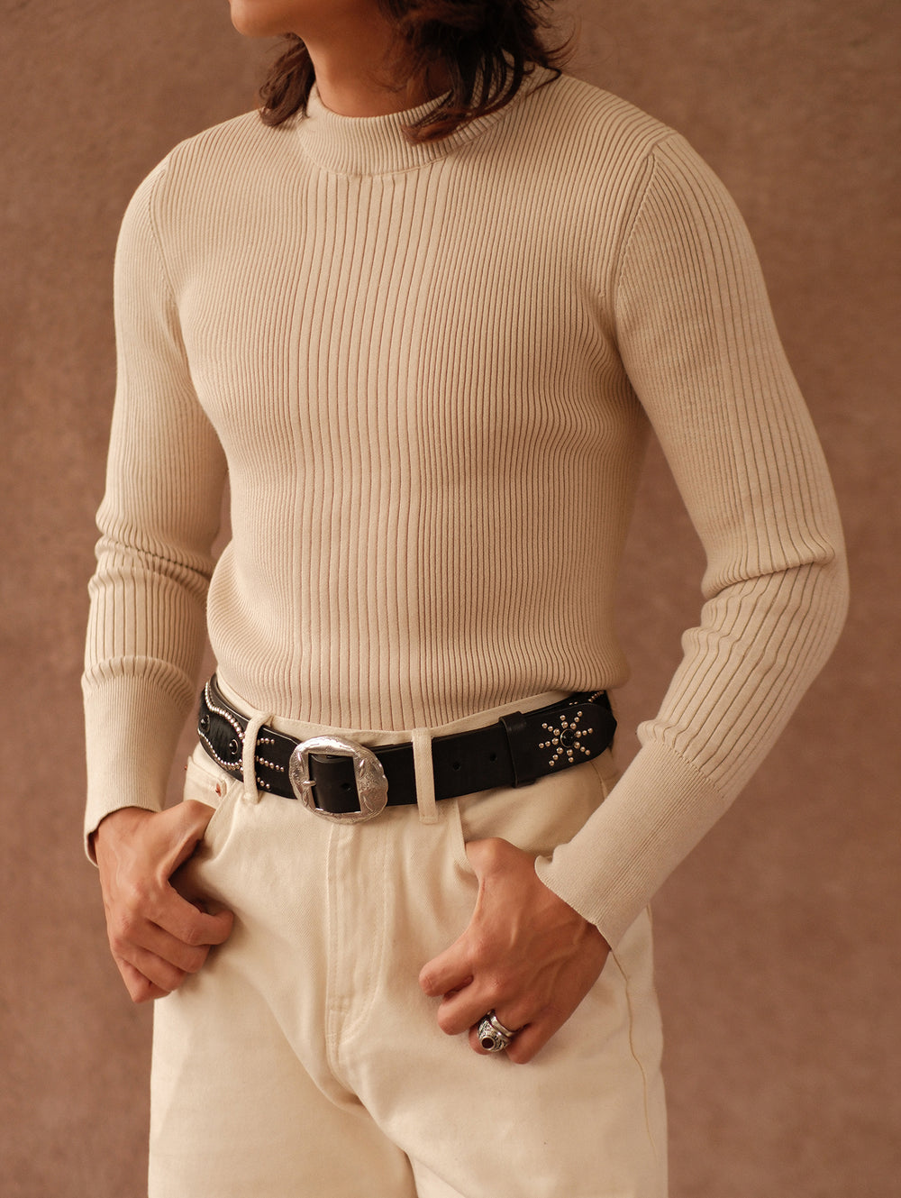 Slim-Fit Ribbed Sport Sweater-Apricot