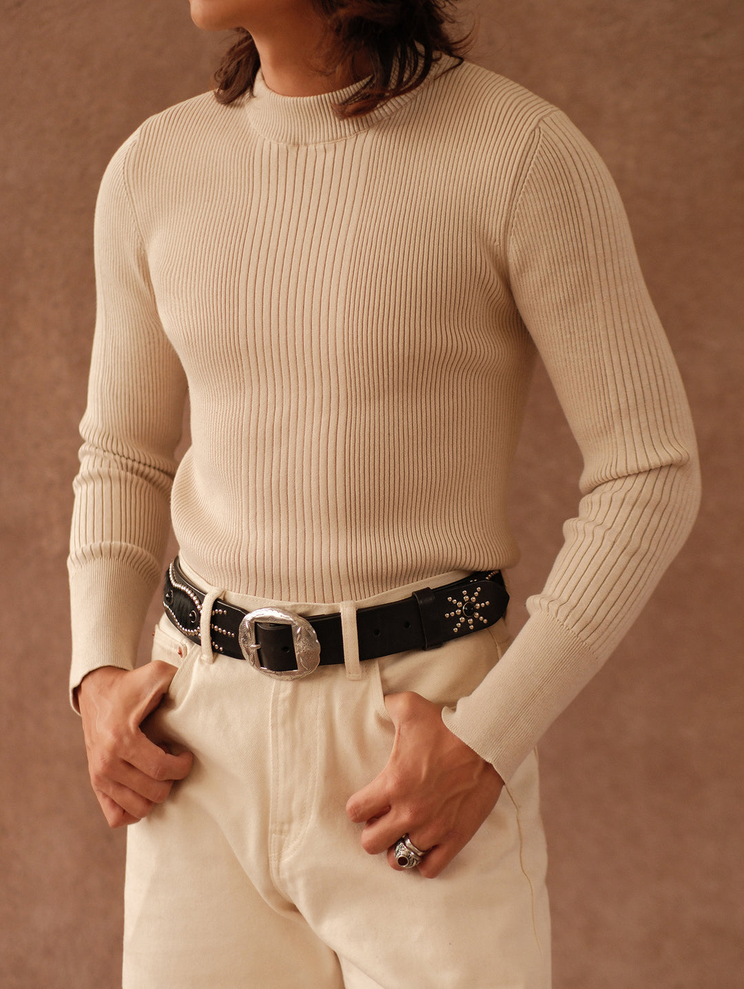 Slim-Fit Ribbed Sport Sweater-Apricot